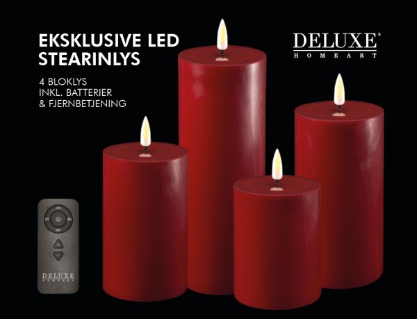 Deluxe Homeart Real Flame LED Stumpenkerzen Ø 7.5 cm Bourgogne - 4 Stück in Geschenkbox + Fernbedien